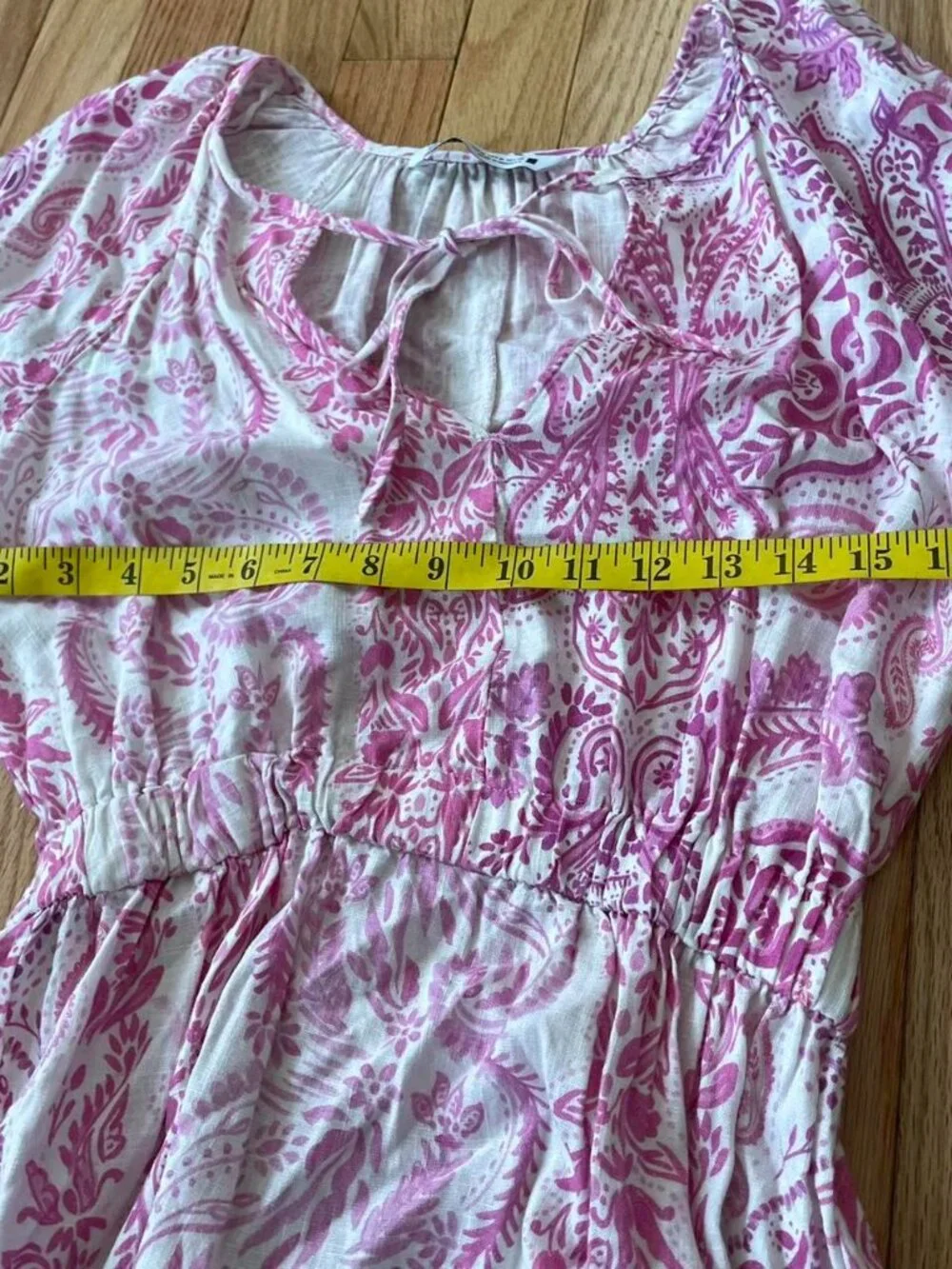 Zara Pink Paisley Boho Puff Sleeve Mini Dress Medium Cottagecore Peasant Linen - Picture 5 of 8